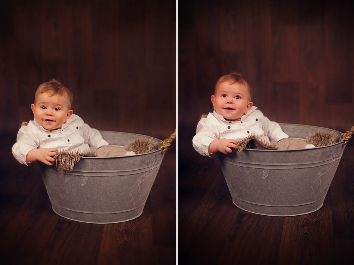 Photographe bébé 6-9 mois en studio Caen bébé tient assis 7 mois